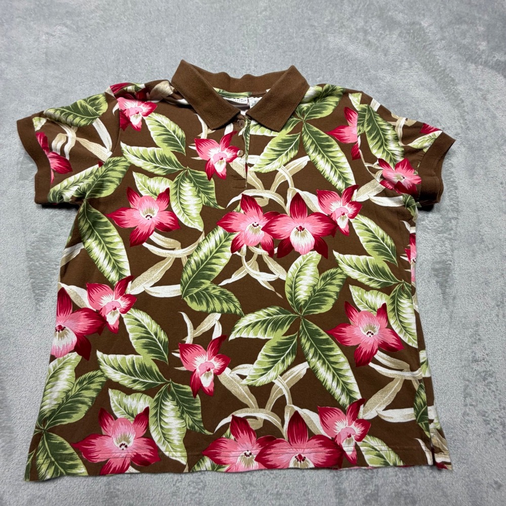 Vintage White Stag Tropical Floral Polo Shirt Size L Brown Pink Cotton 90s